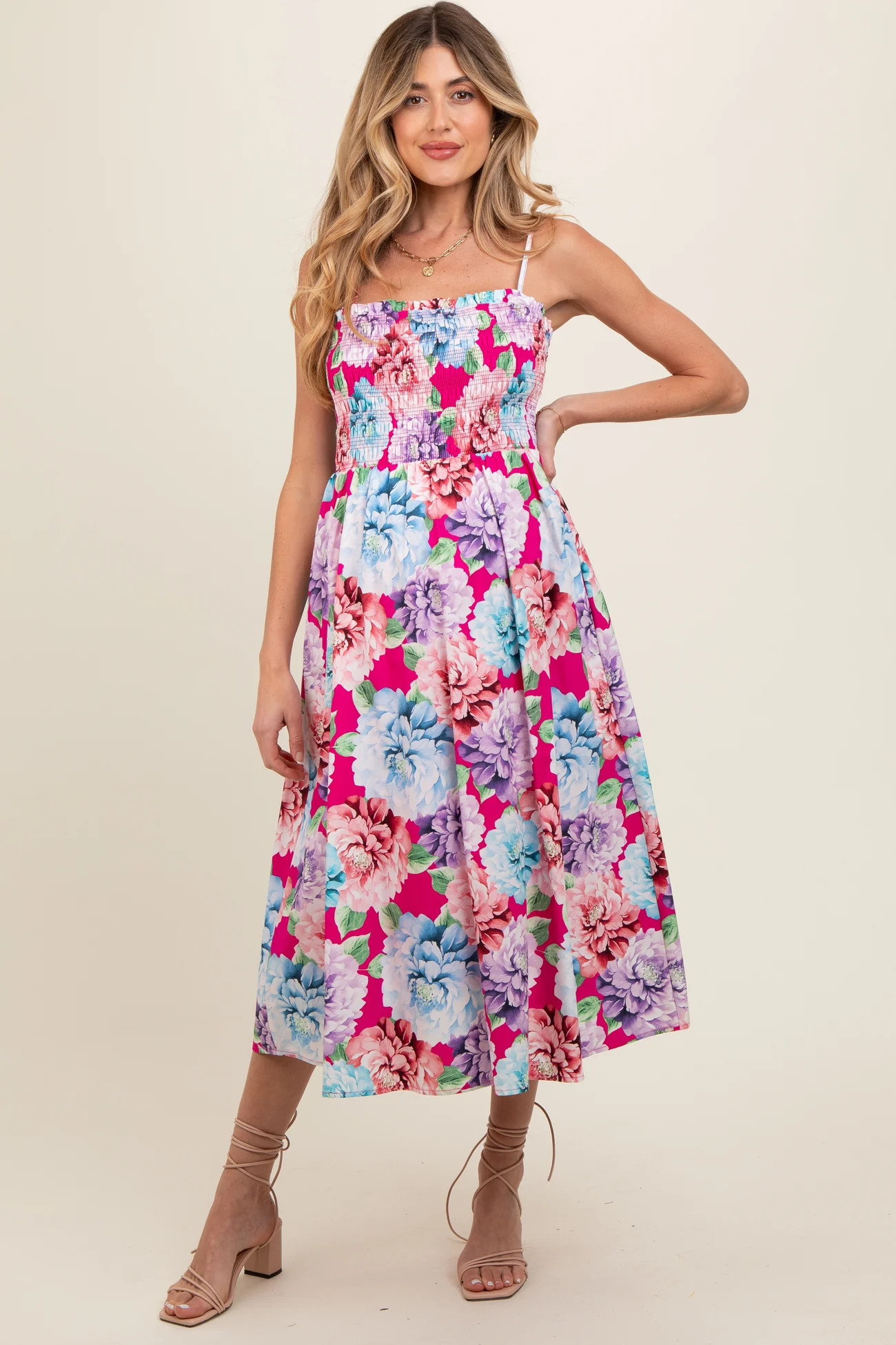 Fuchsia Floral Smocked Maternity Midi Dress | PinkBlush Maternity
