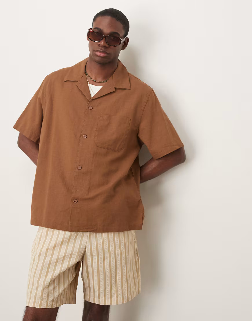 Mango linen mix relaxed fit shirt in brown | ASOS (Global)