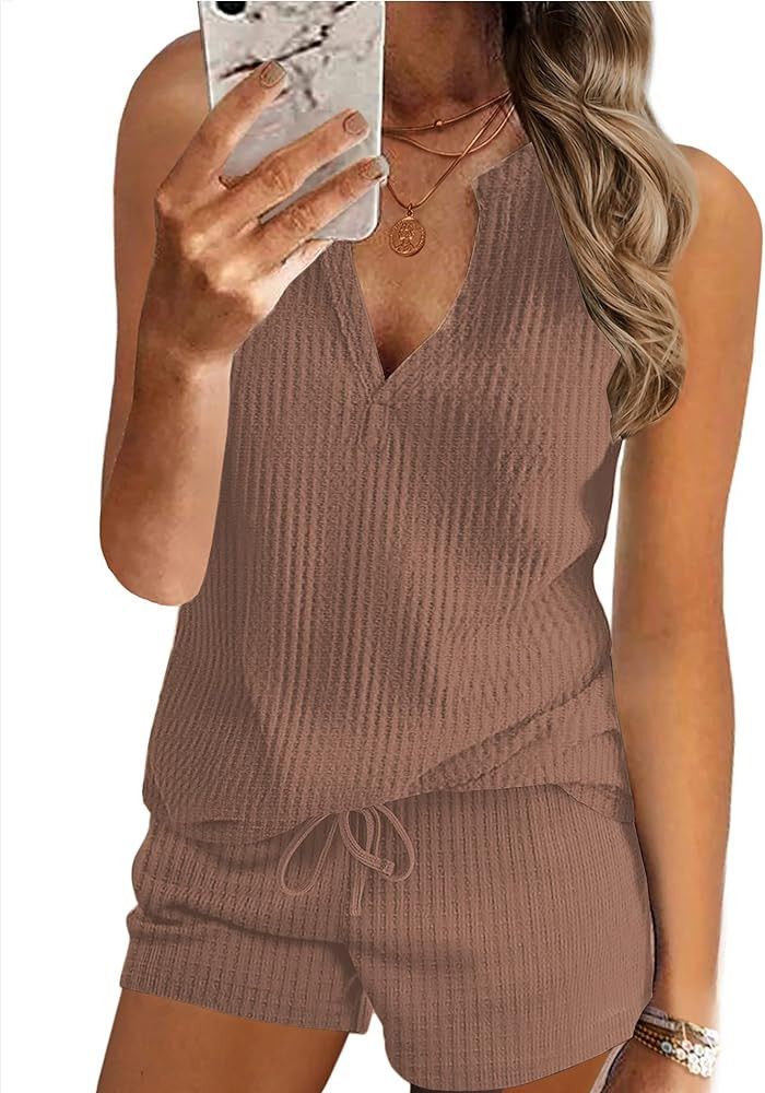 Ekouaer Pajamas Tank Top Lounge Sets Waffle Knit V Neck Sleeveless Outfits Sets Sleepwear Loungew... | Amazon (US)