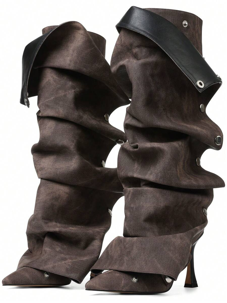 Stiletto High Heel Women Knee High Ruched Slouchy Boots Pointed Toe Mid Calf Design Sexy Luxury F... | SHEIN