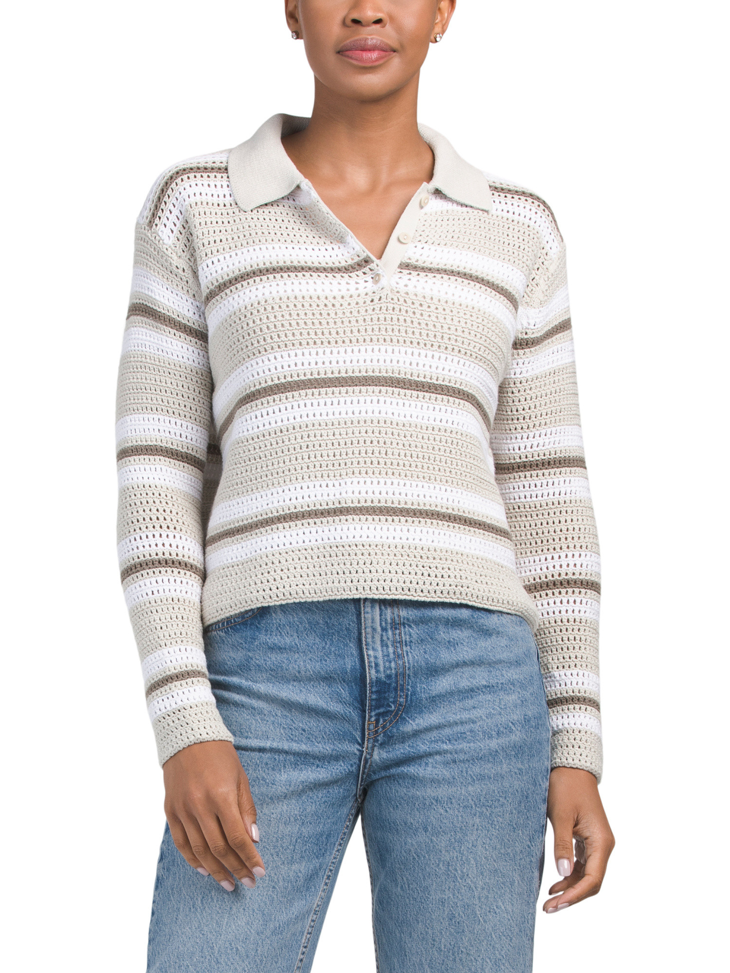Long Sleeve Collar Quarter Button Striped Sweater | TJ Maxx