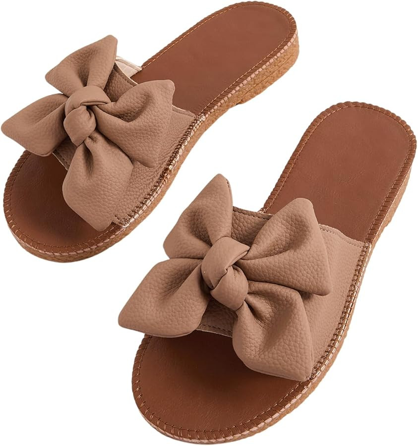 Verdusa Women's Open Toe Flat Sandals Bow Knot Slides Leather Summer Slippers | Amazon (US)