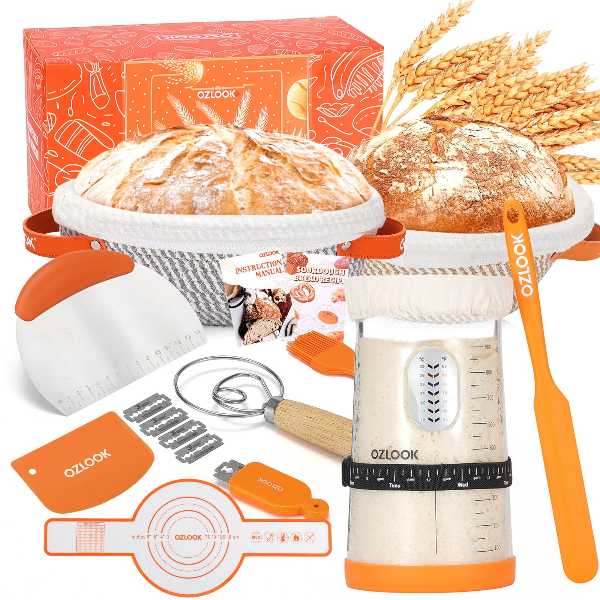 Sourdough Starter Kit,34oz Sourdough Starter Jar,2 X Cotton Rope Banneton Bread Proofing Basket w... | Amazon (US)
