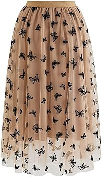 CHICWISH Women's Caramel/Dusty Blue/White/Black 3D Posy Double-Layered Mesh Midi Skirt | Amazon (US)