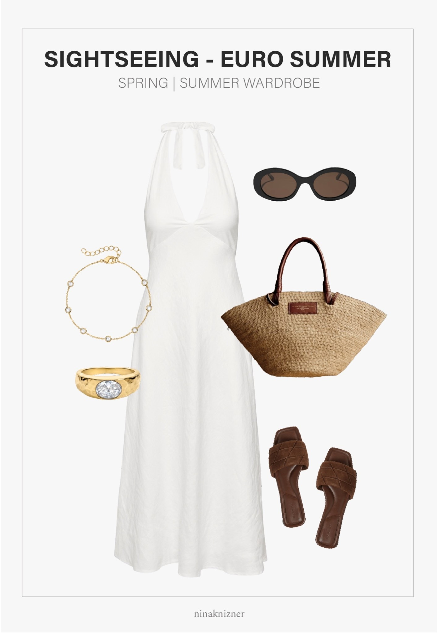 Super flattering and versatile white linen dress that can easily be styled for vacationing along the Mediterranean as well as hanging out around your hometown. 

I just recently purchased this dress and I’m so in love with the fit of it. Also, It photographs so well, you cannot ever have enough white dresses for summer. This one has a very flattering deep V décolletage and has stretchy back. To spice things up, wear a bright, red nail polish. 

The slip ons are a cool woven suede material. It adds texture and interest to an otherwise pretty basic outfit. I got mine a couple of months ago, pairs really well with capsule items, especially whites.

- Aritzia - Nightscape Linen Halter Dress in white 
- DIFF Eyewear - Lainey Oval Sunglasses
- Sezane - Justine Basket Bag in Natural 
- Electric Picks - Statement Ring
- Electric Picks - Strand Bracelet
- Nordstrom - Brynn Slide Sandal in Brown Brick 

#spring #springoutfits2026 #womenspringoutfits #summer #summeroutfits2026 #womensummeroutfits  #traveloutfits #travel #traveloutfits #destinations #coastal #westcoast #coastalcalifornia #vacation #mediterranean #europeansummer #essentials #staples #capsulewardrobe #minimalist #basics #ovalsunglasses #sunglasses #whitedress #mididress #springdress #sundress #summerdress #white #leathersandals #sandals #flats #slipons #shoes #springshoes #summershoes #travelshoes 
#accessories #springaccessories #summeraccessories #straw #raffia #basketbag #tote #springbag #summerbag #vacationbag #bag #jewelry #bracelet #ring #gold

#LTKTravel #LTKootd #LTKSeasonal