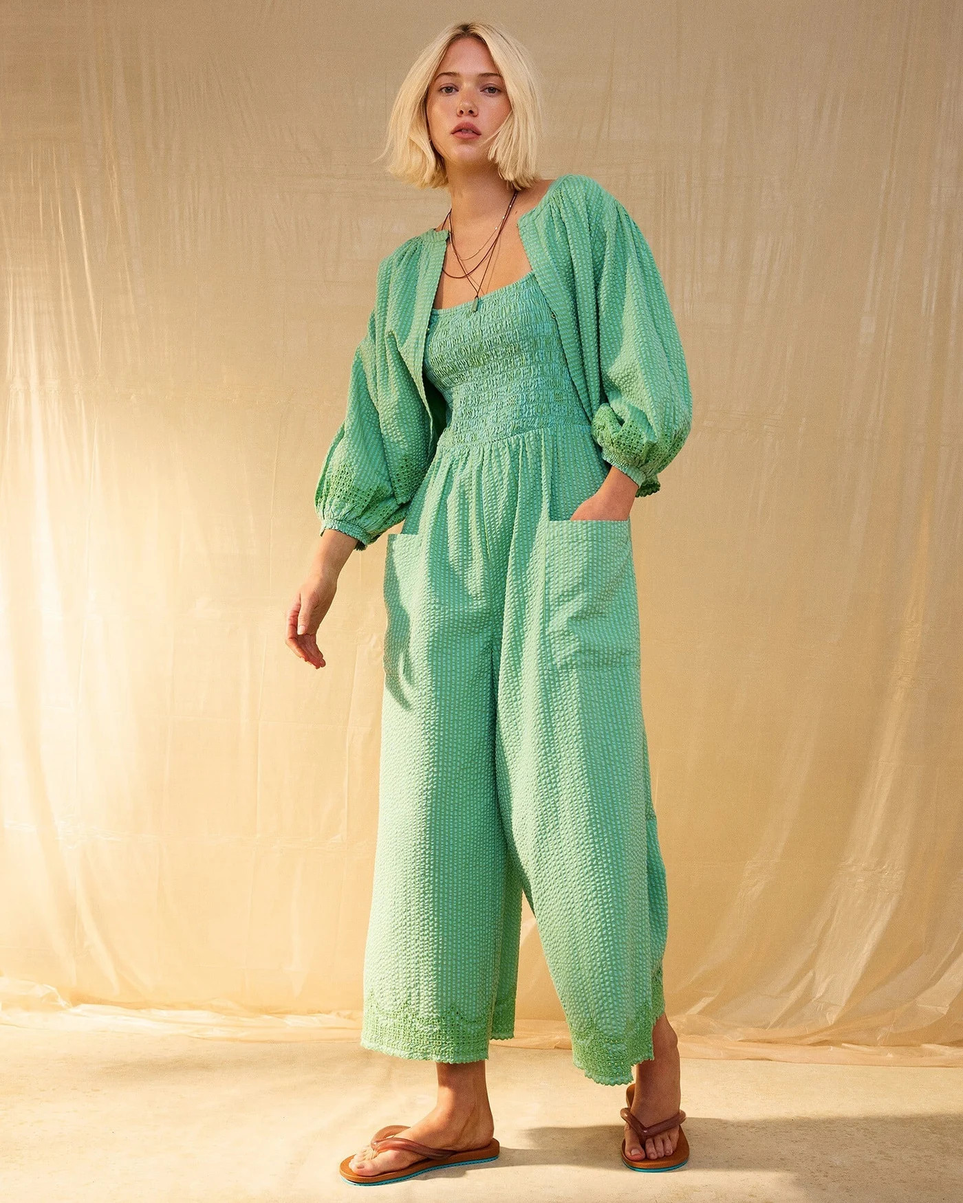 Green Striped Broderie Cotton Jacket | Oliver Bonas | Oliver Bonas (Global)