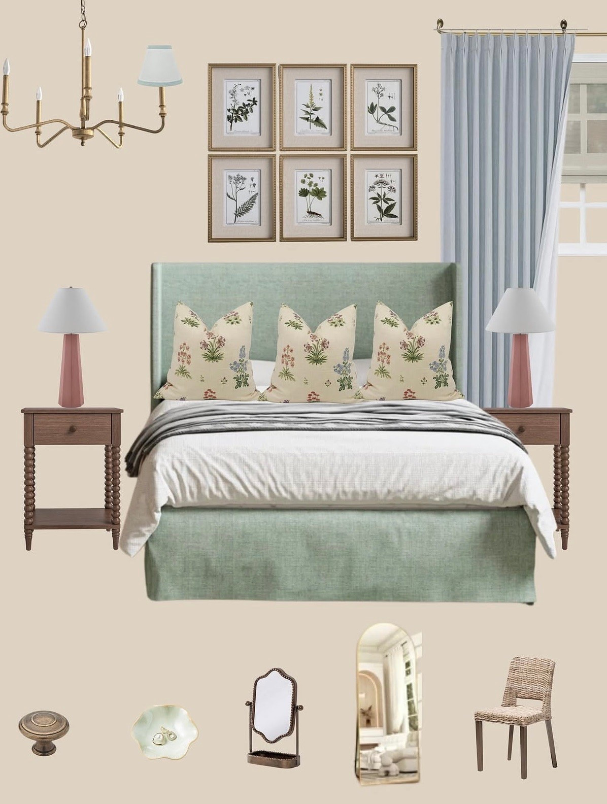 This is exactly why I always build the board first — when every piece is chosen with intention, the room designs itself.
Here’s what makes it work:
🌿 Sage green upholstered bed as the anchor
🌸 Botanical pillows that echo the framed prints above
🪵 Warm wood tones (nightstands + spindle legs) to soften all that green
✨ Brass chandelier for a touch of glam @Wayfair @lowes @Walmart @TWOPAGES

#LTKOver40 #LTKHome #LTKSaleAlert