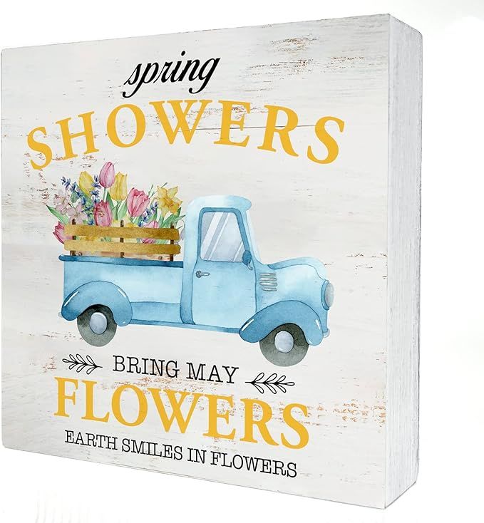 Spring Showers Truck Wood Box Sign Home Decor Rustic Flowers Spring Wooden Box Sign Block Plaque ... | Amazon (US)