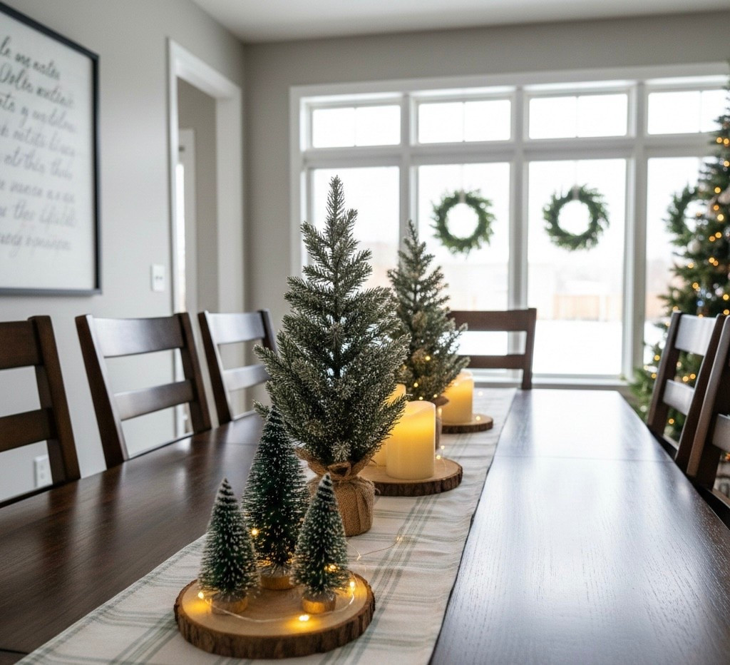 Bringing the perfect amount of rustic holiday magic to the table with this winter wonderland tablescape. I'm absolutely obsessed with the mix of frosted bottle brush trees, warm candlelight, and natural wood slices. It creates such a warm and inviting atmosphere for holiday gatherings and Christmas dinner!

#LTKSeasonal #LTKHome #LTKHoliday
