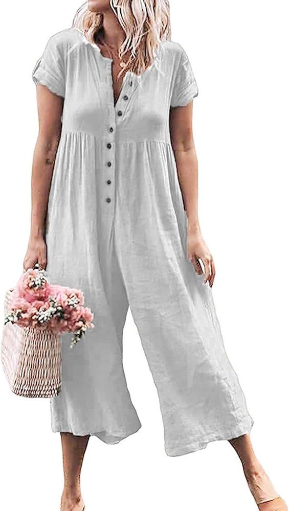 Womens Button Down Short Sleeve Cotton Casual Jumpsuits Rompers for Women Solid Loose Long Pants | Amazon (US)