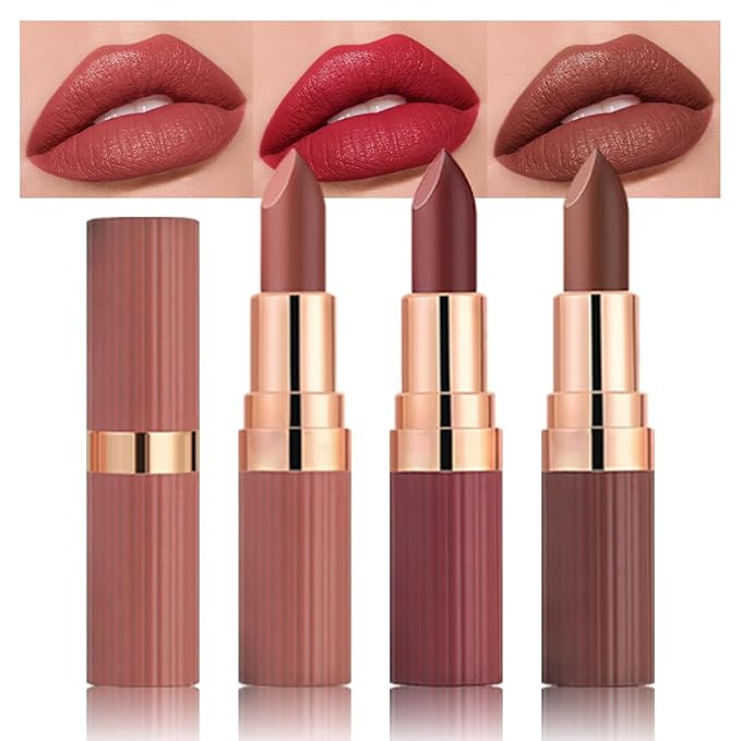 evpct 3Pcs Matte Creamy Lipsticks Set, Coral Ruby Red Nude Brown Lip Stick Set for Women, Long La... | Amazon (US)