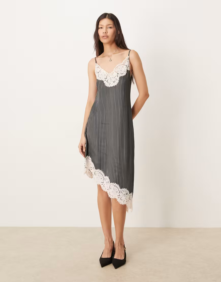 ASOS DESIGN lace bodice cami asymmetric satin mini dress in gray pinstripes-Multi | ASOS (Global)