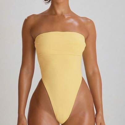 High Leg Bandeau Cut Out Back Swimsuit Bathing Suits Swim Vacation Holiday Summer Travel Beachwear Basics Solid Colour Swimwear Resort Core | SHEIN