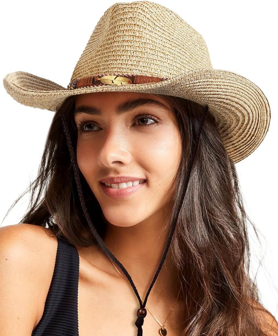 Women Straw Sun Hat Mens Cowboy Style Garden Hat UPF 50+ Wide Brim Summer Hat with Wind Lanyard | Amazon (US)