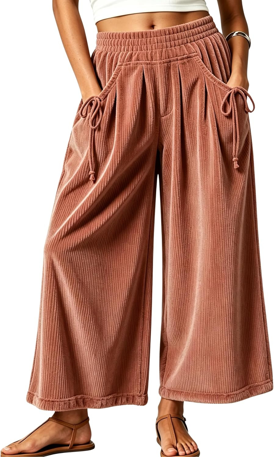 Athlisan Women's Corduroy Wide Leg Baggy Pants Elastic Waist Trousers | Amazon (US)