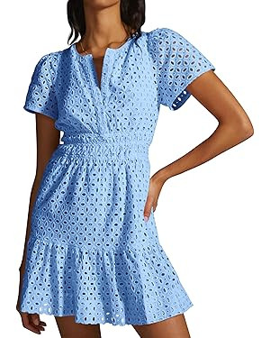PRETTYGARDEN Women's 2024 Summer Mini Dress Short Sleeve V Neck A Line Hollow Out Lace Ruffle Cut... | Amazon (US)