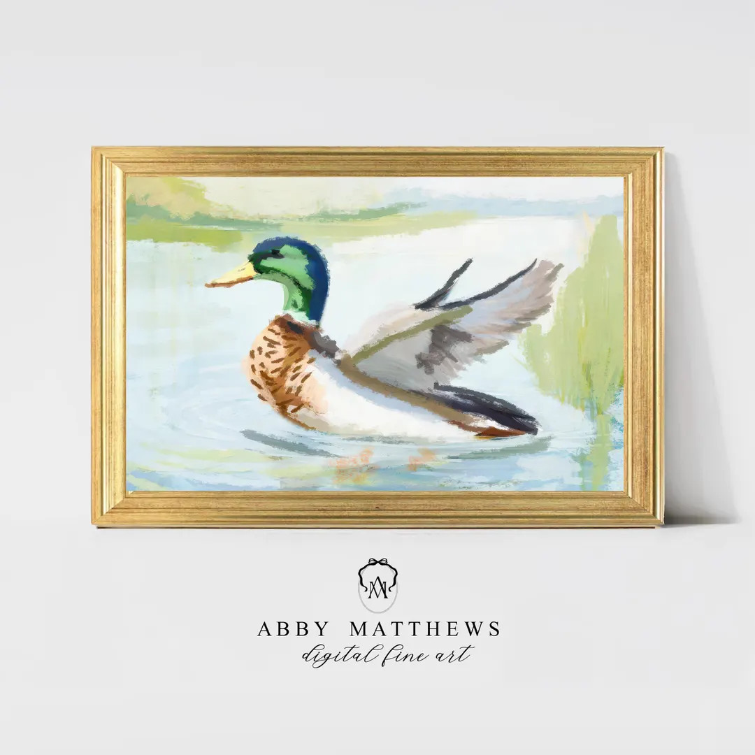 Grandmillenial Wall Decor Nursery Mallard Duck Blue Marsh Pastel Landscape Digital Art Print Vint... | Etsy (US)