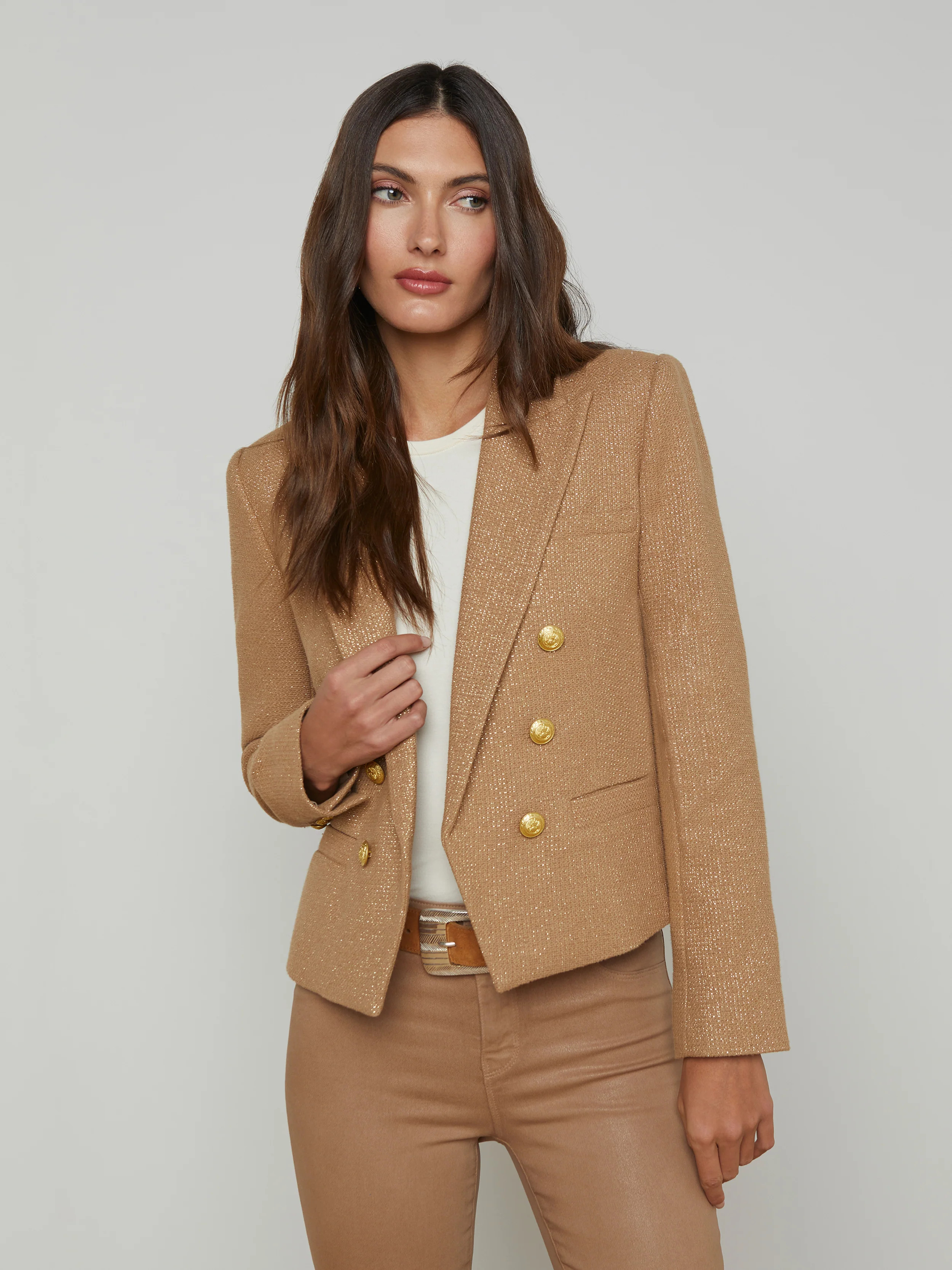 L'AGENCE - Brooke Open-Front Blazer in Latte/Gold | L'Agence