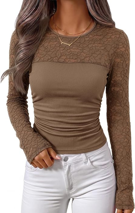 ZESICA Women's Long Sleeve Lace Tops Knit Slim Shirts | Amazon (US)