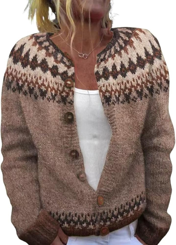 HOTYD Fair Isle Cardigan Sweaters for Women Crew Neck Loose Fit Button Up Chunky Sweater Open Fro... | Amazon (US)