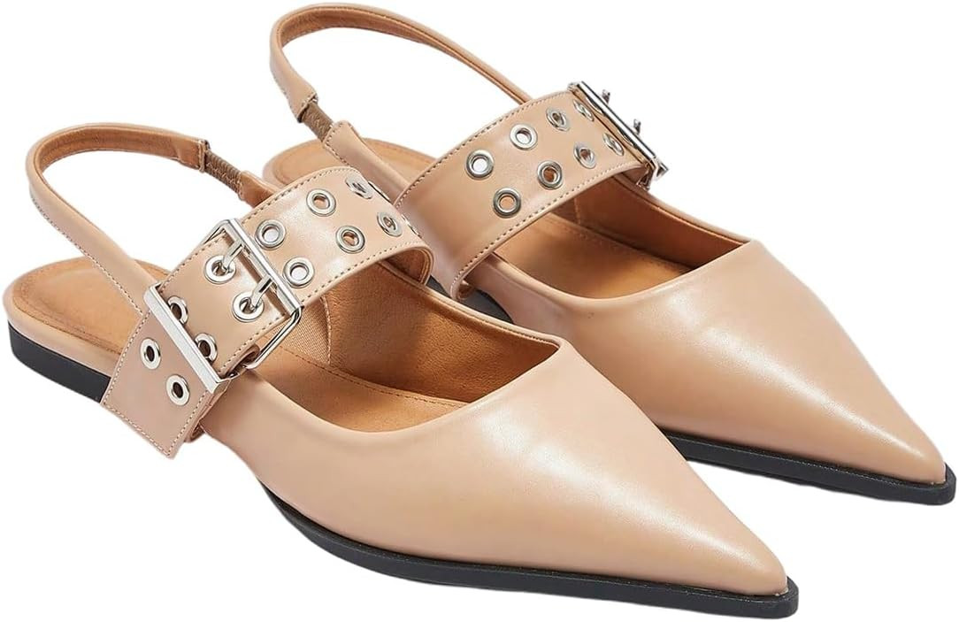 Floerns Women's Buckled Straps Pointed Toe Slingback Flat Ballerina Shoes | Amazon (US)