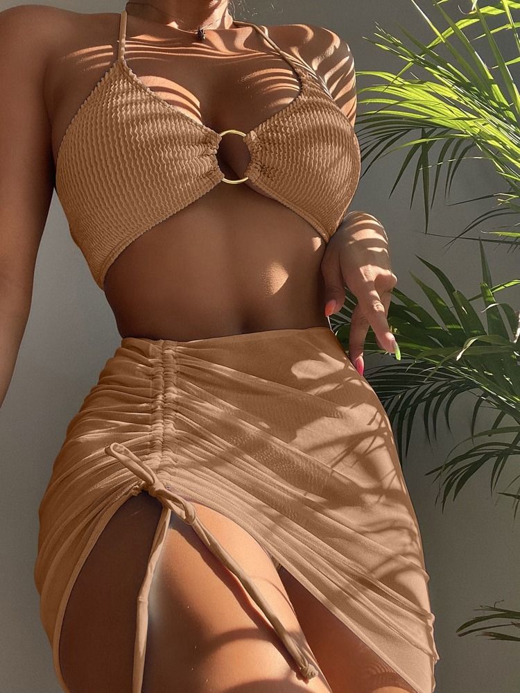 3pack Textured Ring Linked Bikini Swimsuit With Beach Skirt | SHEIN