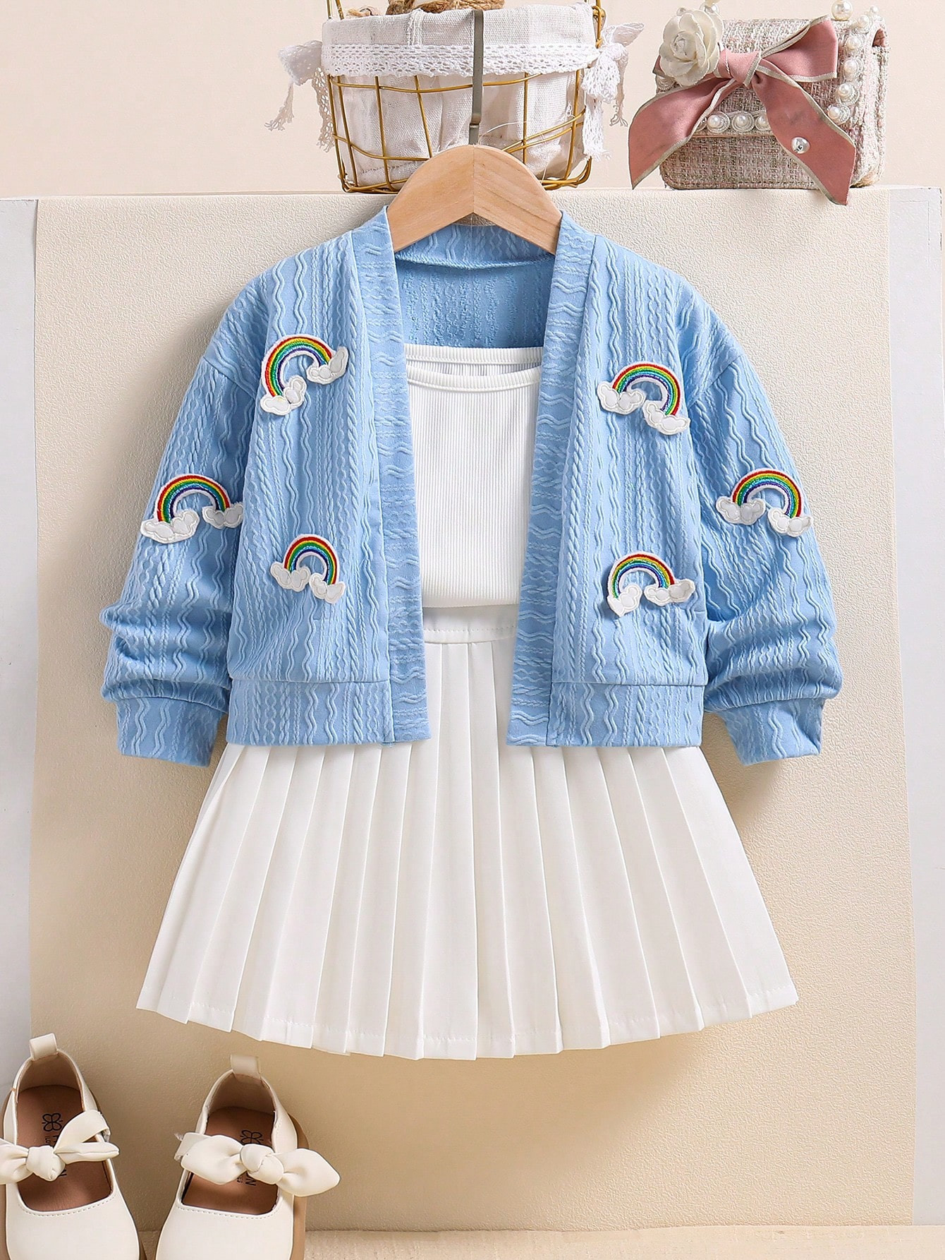 SHEIN Young Girl Korean Style 3D Rainbow Blue Jacket + Pleated Skirt Set, Back-To-School Season |... | SHEIN