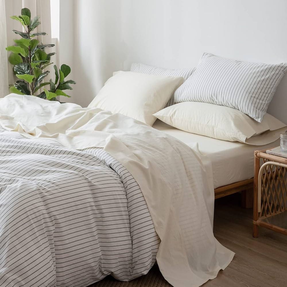 MooMee Bedding Sheet Set 100% Washed Cotton Linen Like Textured Breathable Durable Soft Comfy (Cr... | Amazon (US)