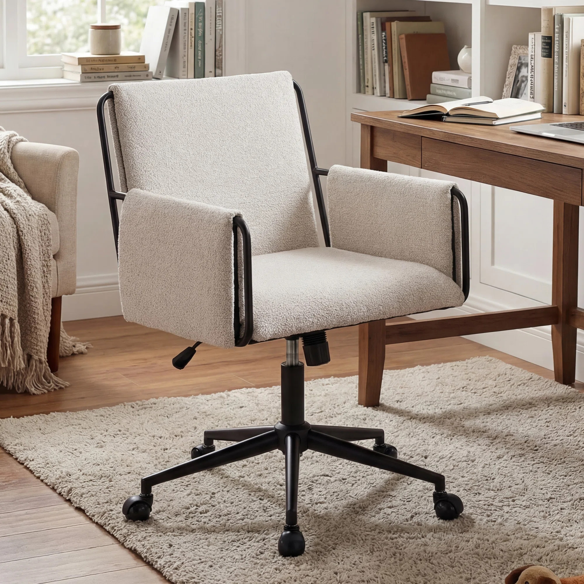 Extra Wide Upholstered Home Office Chair Swivel Boucle Fabric Desk Chair Height Adjustable Task Chair | Wayfair North America