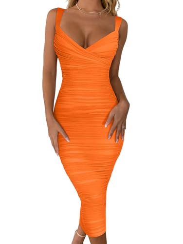 BEAGIMEG Women's Sexy Bodycon Sleeveless Ruched Mesh Club Party Midi Dress | Amazon (US)