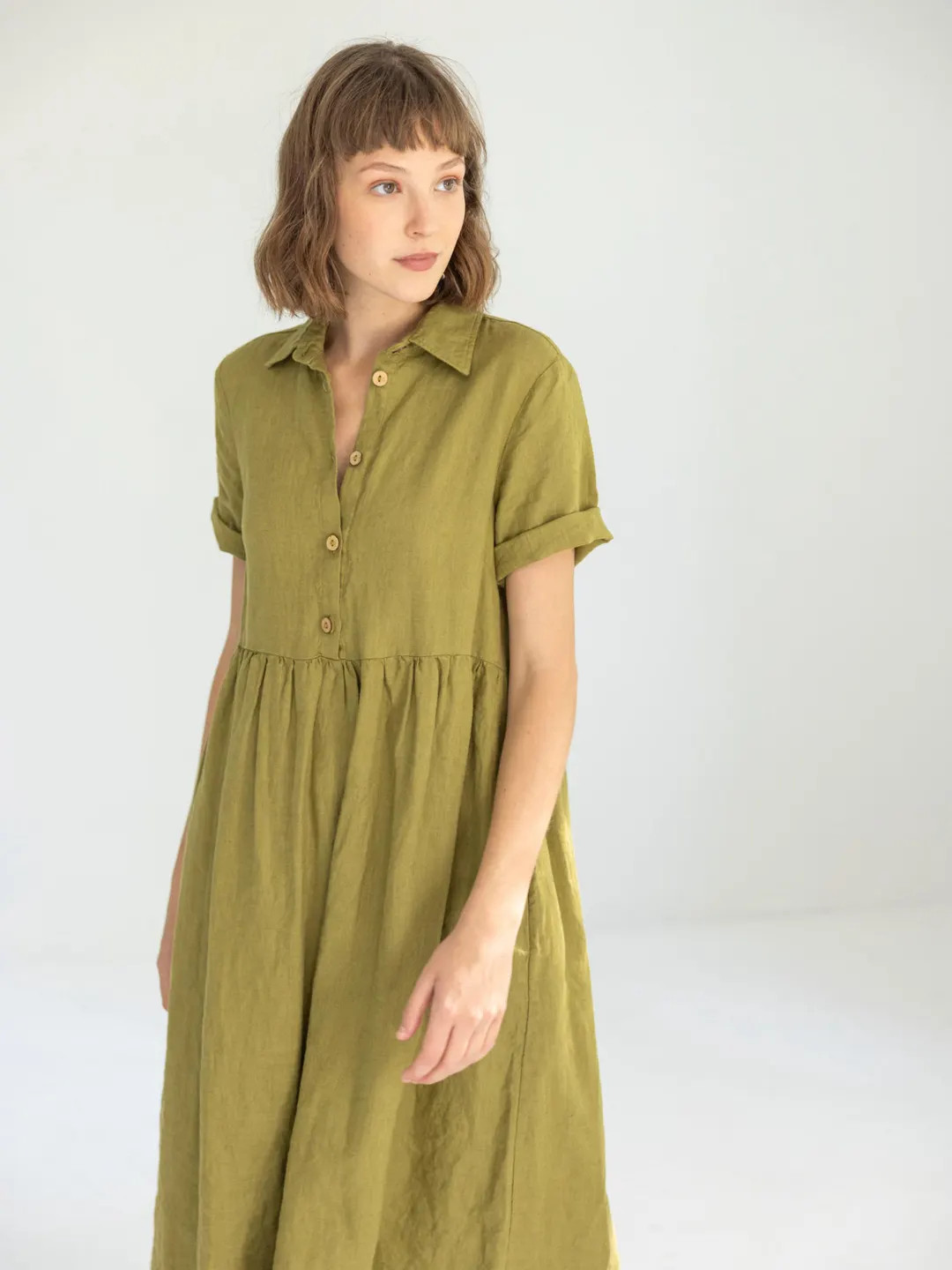 Long Linen Dress With Shirt Collar, Short Sleeves Loose Linen Dress, High Waist Maxi Dress With P... | Etsy (US)