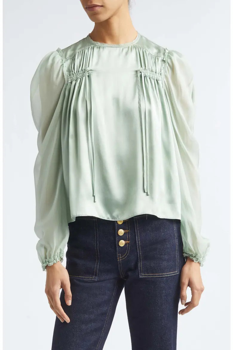 Odette Pleated Silk Sheer Balloon Sleeve Top (Women) | Nordstrom | Nordstrom