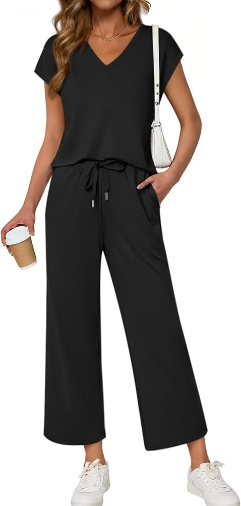 ATHMILE Two Piece Sets for Women Spring Summer Travel Airport Vacation Outfits Lounge V Neck Tops... | Amazon (US)