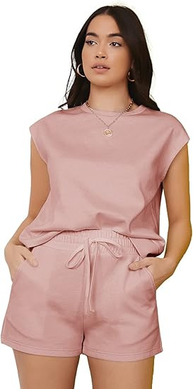 SheIn Women's 2 Piece Tracksuit Sleeveless Tank Tops Drawstring Track Shorts Set | Amazon (US)