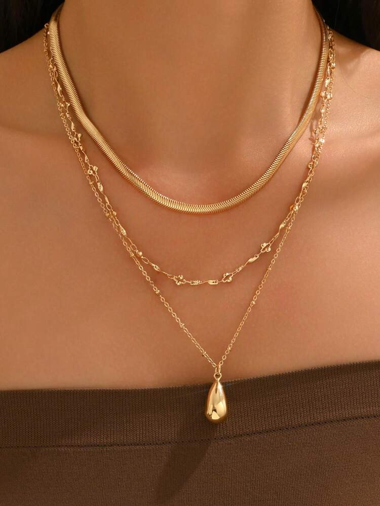 3pcs/Set Minimalist High-End Gold Tone Chain Necklace, Vintage Water Drop Pendant Necklace Jewelry Set, Suitable For Daily Wear, Dates, Parties, Music Festivals, Chain Length Varies | SHEIN