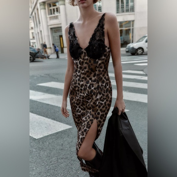 Zara Maxi Leopard Print Slip Dress with Black Lace | Poshmark