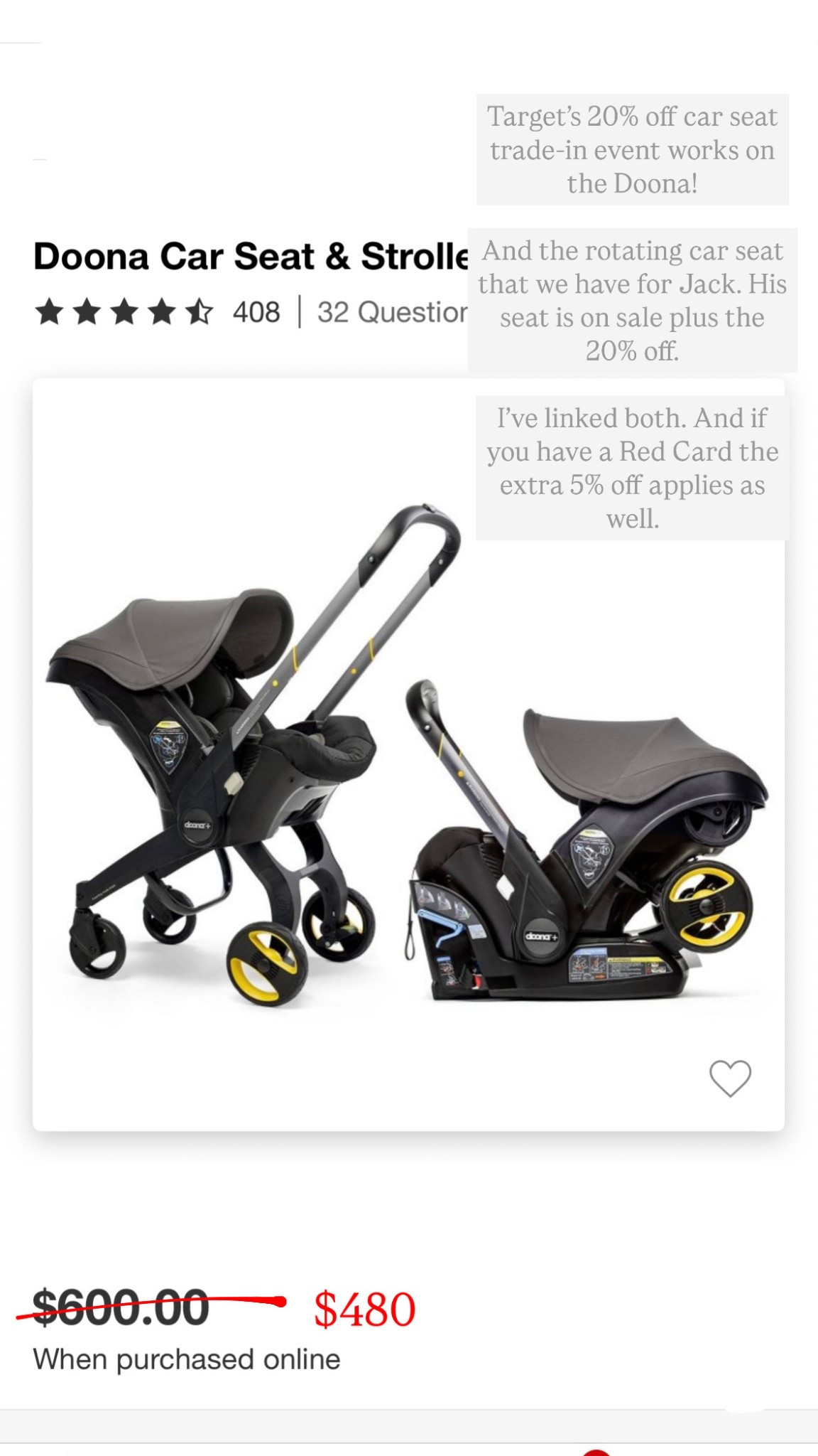 Targets car seat trade-in event gives 20% off a new car seat purchase. It works on the doona, and our Baby Jogger rotating car seat we have for Jack. If you have the Red Card it takes another 5% off  

#LTKSaleAlert #LTKFamily #LTKBaby
