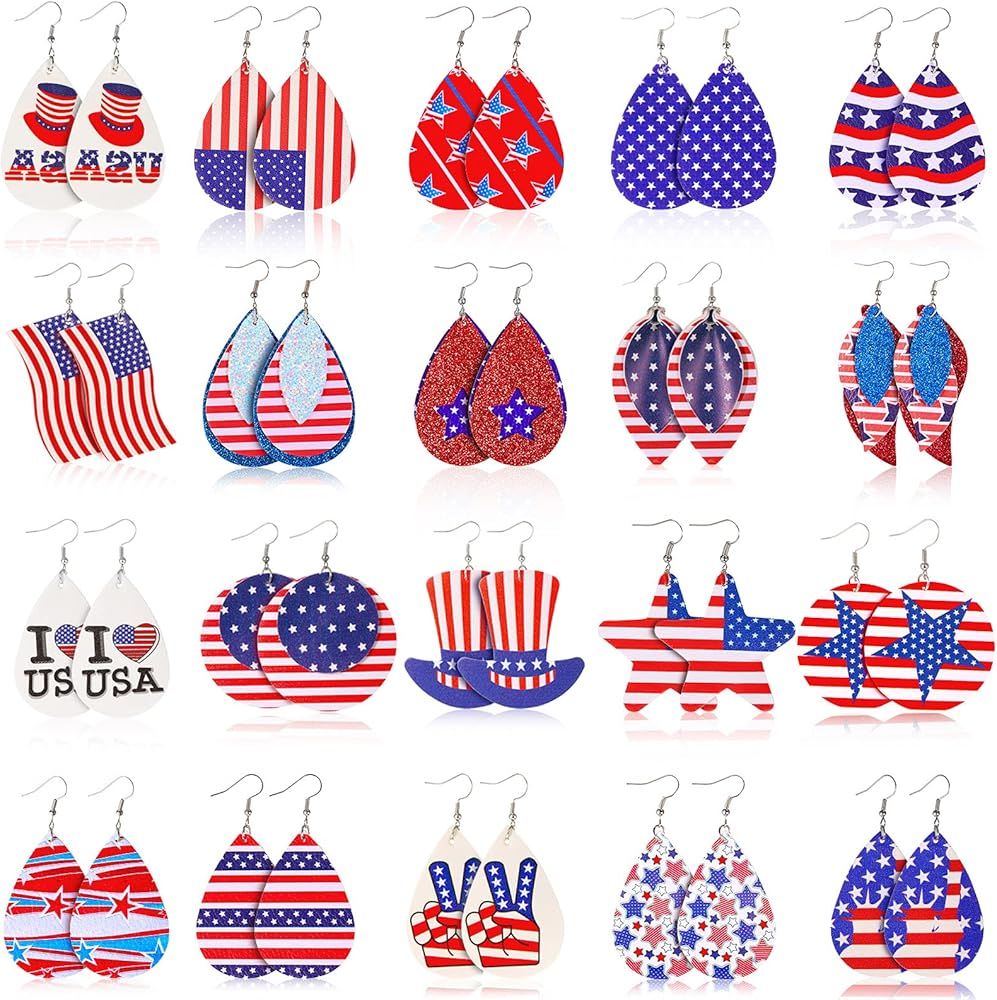 20 Pairs American Flag Faux Leather Earrings July 4th Teardrop Dangle Earrings Independence Day P... | Amazon (US)