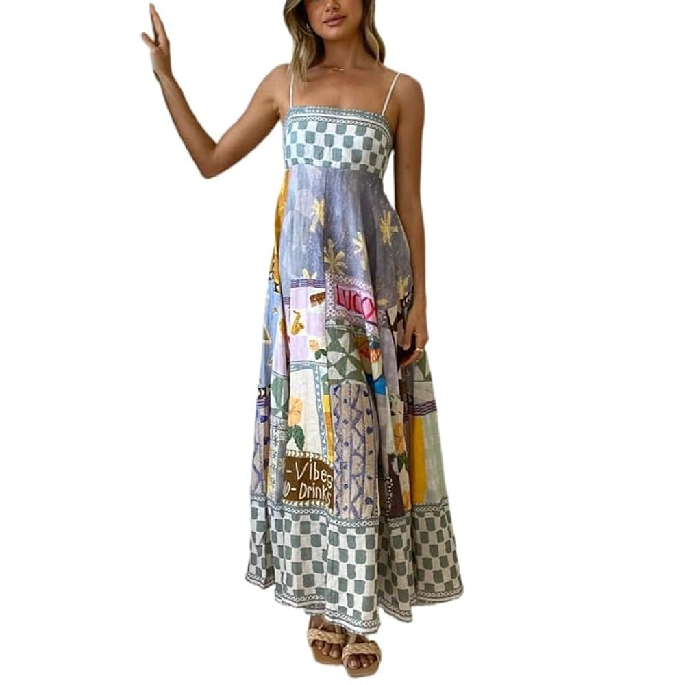 Womens Summer Boho Graffiti Dress Spaghetti Strap Flowy Cami Maxi Long Aline Sundress 2025 | Amazon (US)