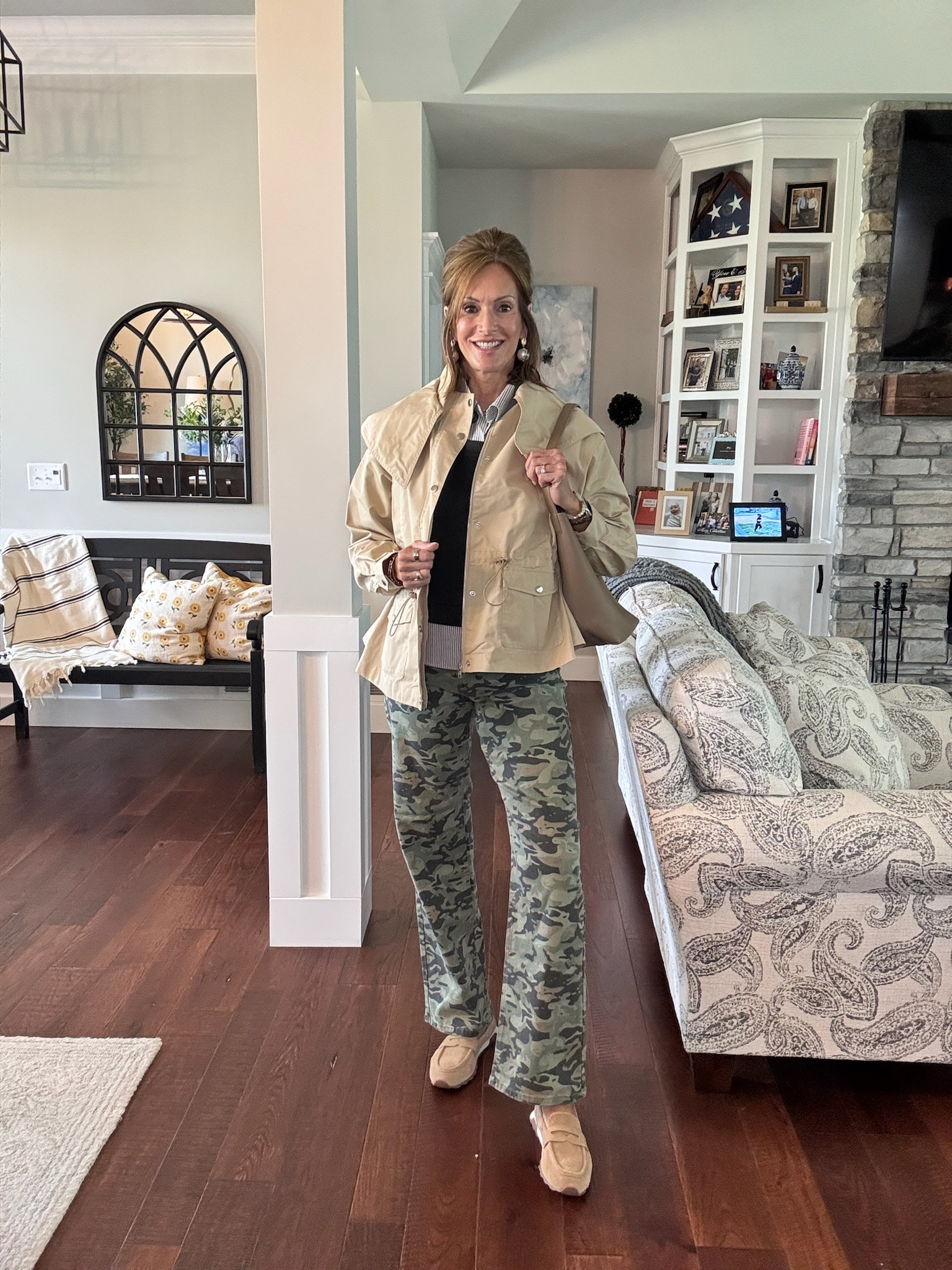 Camo pants - size 28 Gray/white stripe top - large Hooded jacket - medium

#LTKOver40 #LTKMidsize #LTKootd
