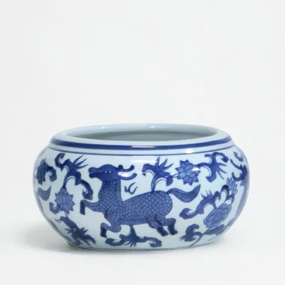 4" Round Porcelain Planter with Chinoiserie Deer Design, Blue and White | Wayfair North America