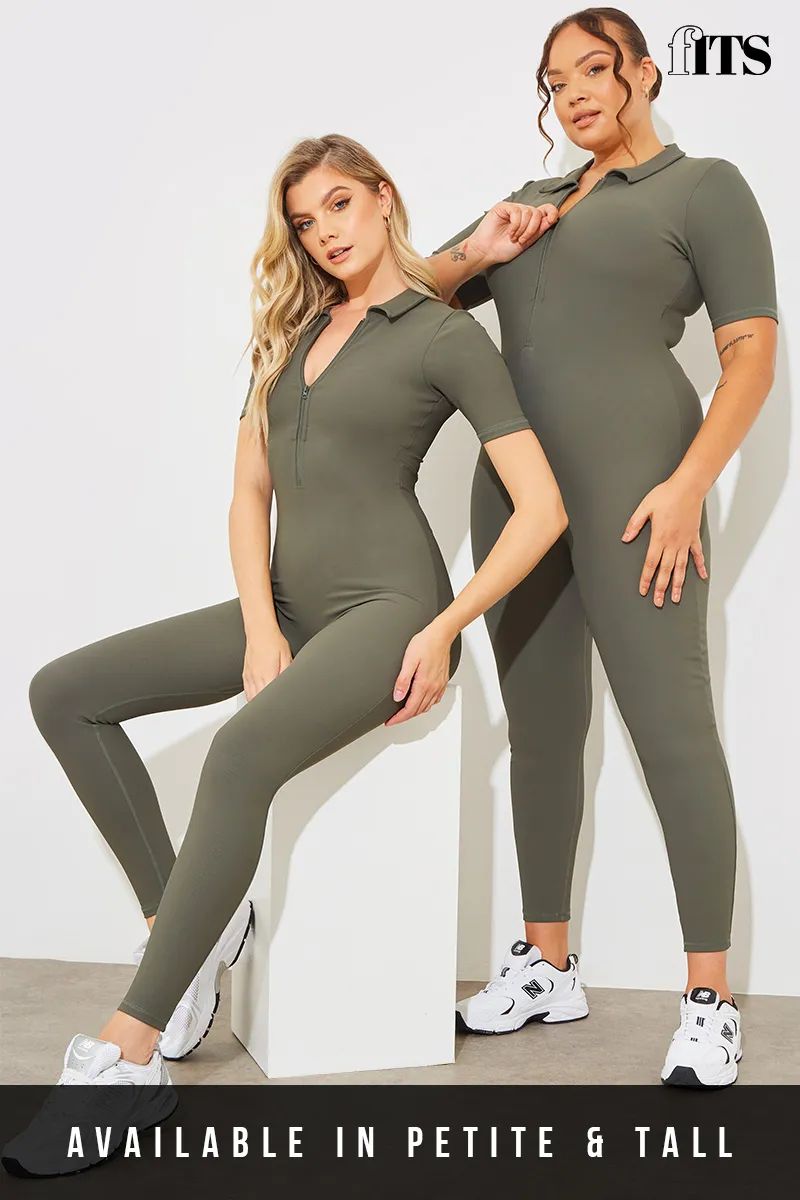 Short Sleeve Collared Half Zip Sculpt and Control Full length Unitard | In The Style (UK)