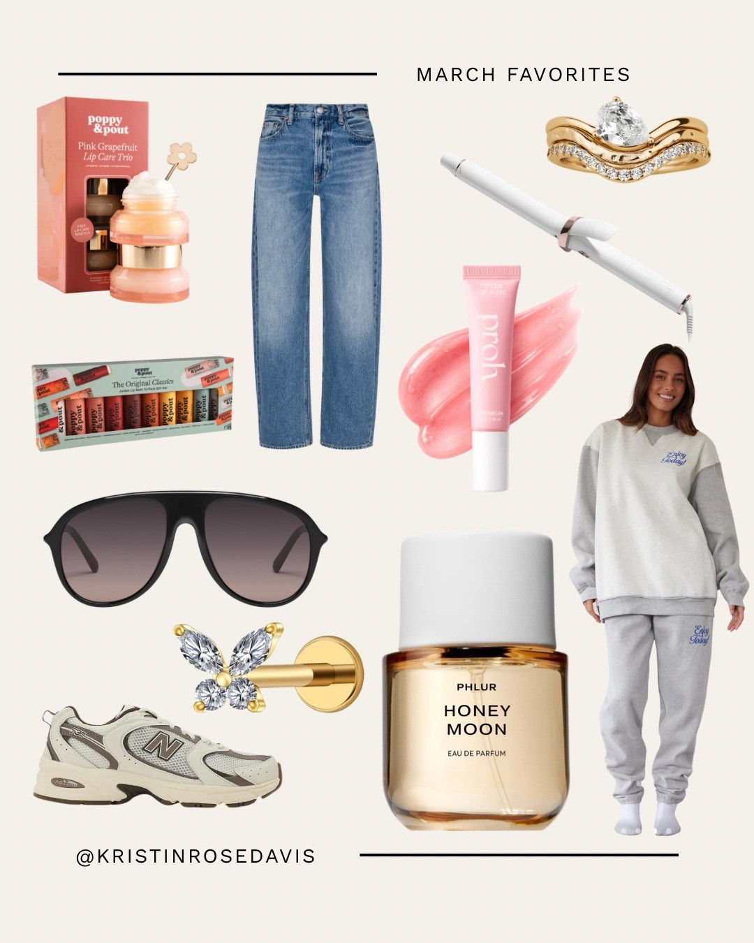 March Favorites: 
1. The Mayfair Group Sweats - Code: Kristin15 (linked on my shopmy) 
2. Phlur “Honeymoon” Perfume 
3. T3 singlepass curl 
4. New Balance 530 Sneakers 
5. Pierced by Ash Ear Stack - Code: WildOne
6. Quay Chart Topper Sunglasses 
7. Prolash Lip Peptide Treatment - Code: Kristin (linked on my shopmy) 
8. Pistola Barrel Jeans 
9. Made by Mary Tova Ring 
10. Poppy and Pout Lip Trio (linked on my shopmy)

 

#LTKBeauty #LTKootd