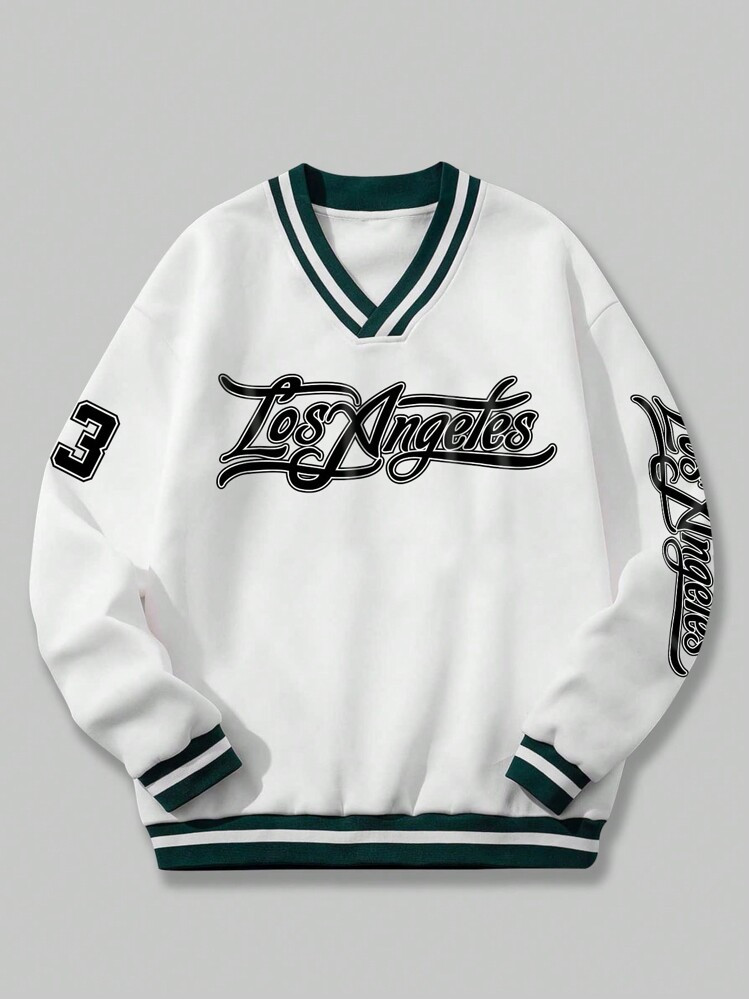 ROMWE MEN Prep Men Letter Graphic Striped Trim Thermal Lined Basketball Sweatshirt, School, For F... | SHEIN