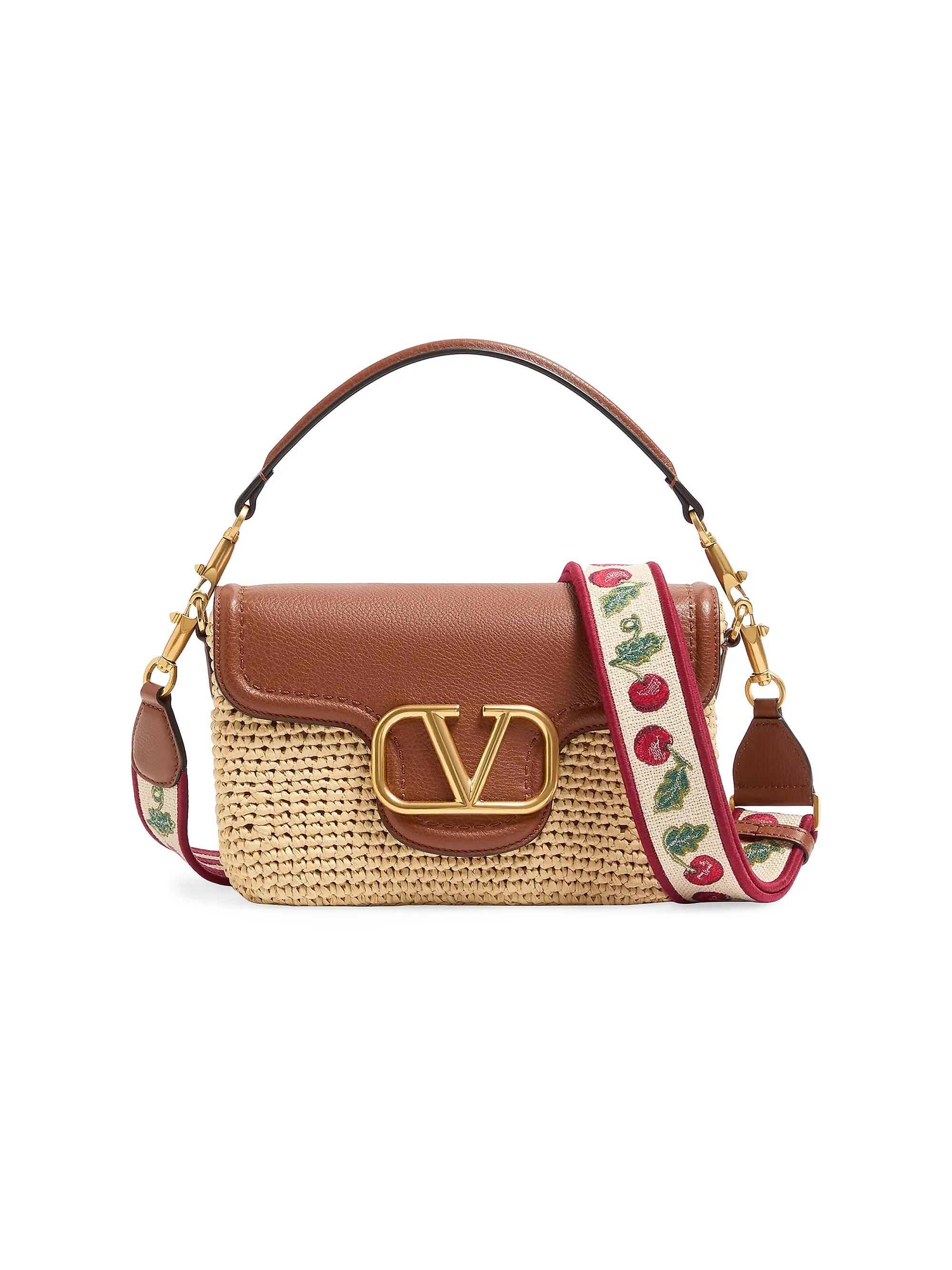 Valentino Garavani All time Shoulder Bag in Raffia and Grainy Calfskin | Saks Fifth Avenue | Saks Fifth Avenue