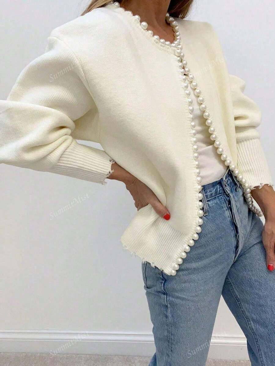 Solid Color Cardigan With Pearl Trimmed Distressed Hem, Long Sleeve Wool | SHEIN
