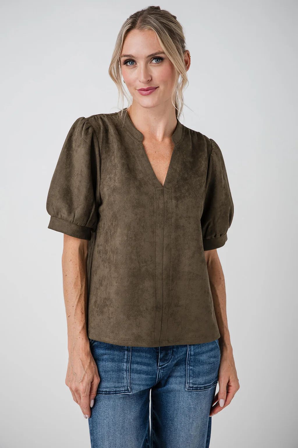 THML Faux Suede Short Puff Sleeve Top | Social Threads