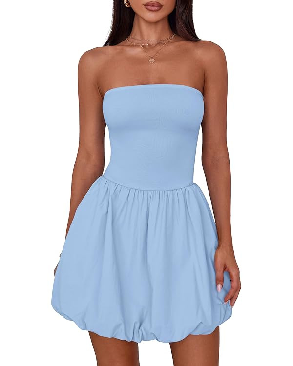 MASCOMODA Womens Strapless Bubble Mini Dress Summer Tube Top Sundress Casual Off Shoulder A Line ... | Amazon (US)