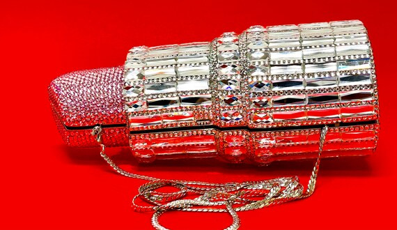 Purse Clutch Evening Bag Pink White Swarovski Crystal Unique Lipstick Shaped Dazzling Formal Even... | Etsy (US)