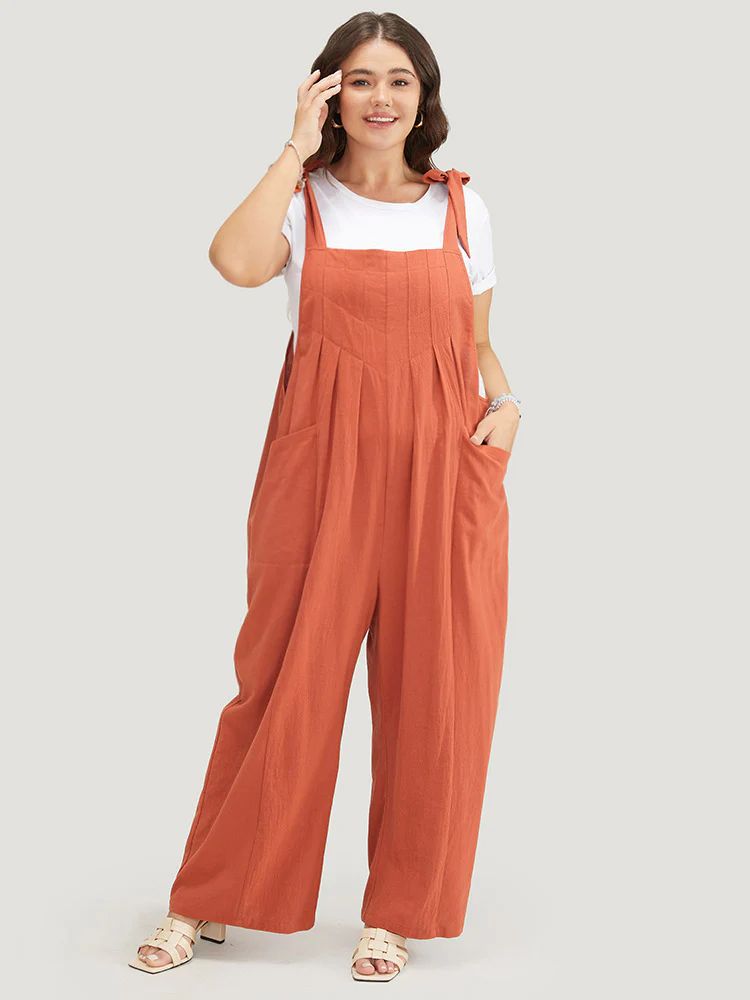 Solid Pleated Detail Pocket Knotted Shoulder Overall Jumpsuit | Bloomchic